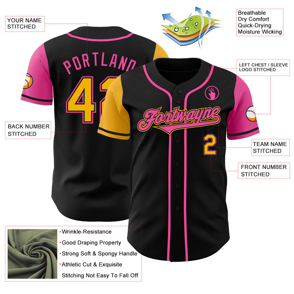 Custom Black Gold-Pink Authentic Two Tone Baseball Jersey view 3