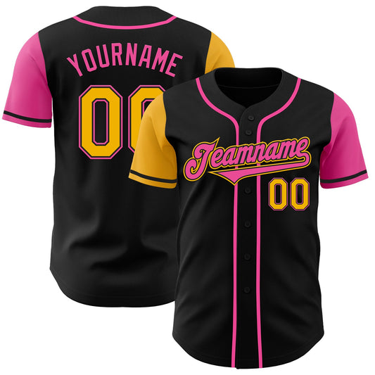 Custom Black Gold-Pink Authentic Two Tone Baseball Jersey - Main View