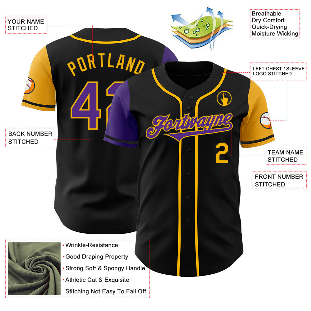 Custom Black Purple-Gold Authentic Two Tone Baseball Jersey view 3