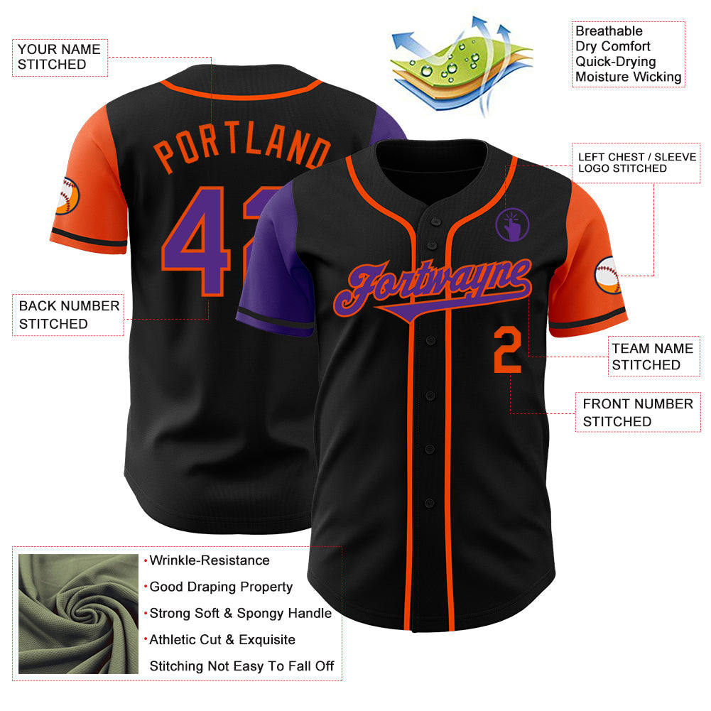 Custom Black Purple-Orange Authentic Two Tone Baseball Jersey view 3