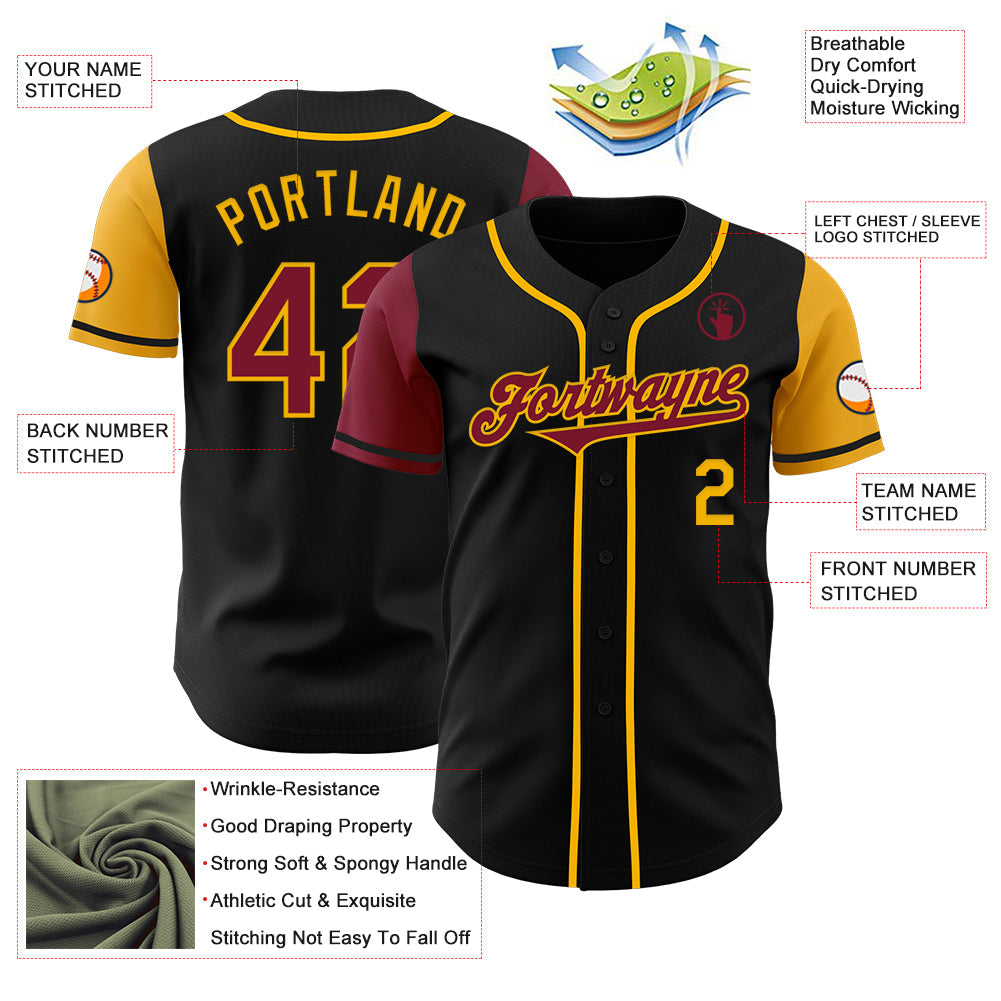 Custom Black Crimson-Gold Authentic Two Tone Baseball Jersey view 3