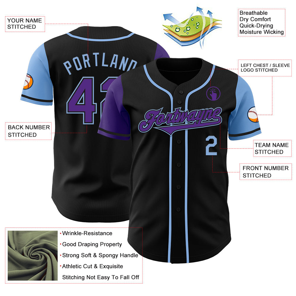 Custom Black Purple-Light Blue Authentic Two Tone Baseball Jersey view 3