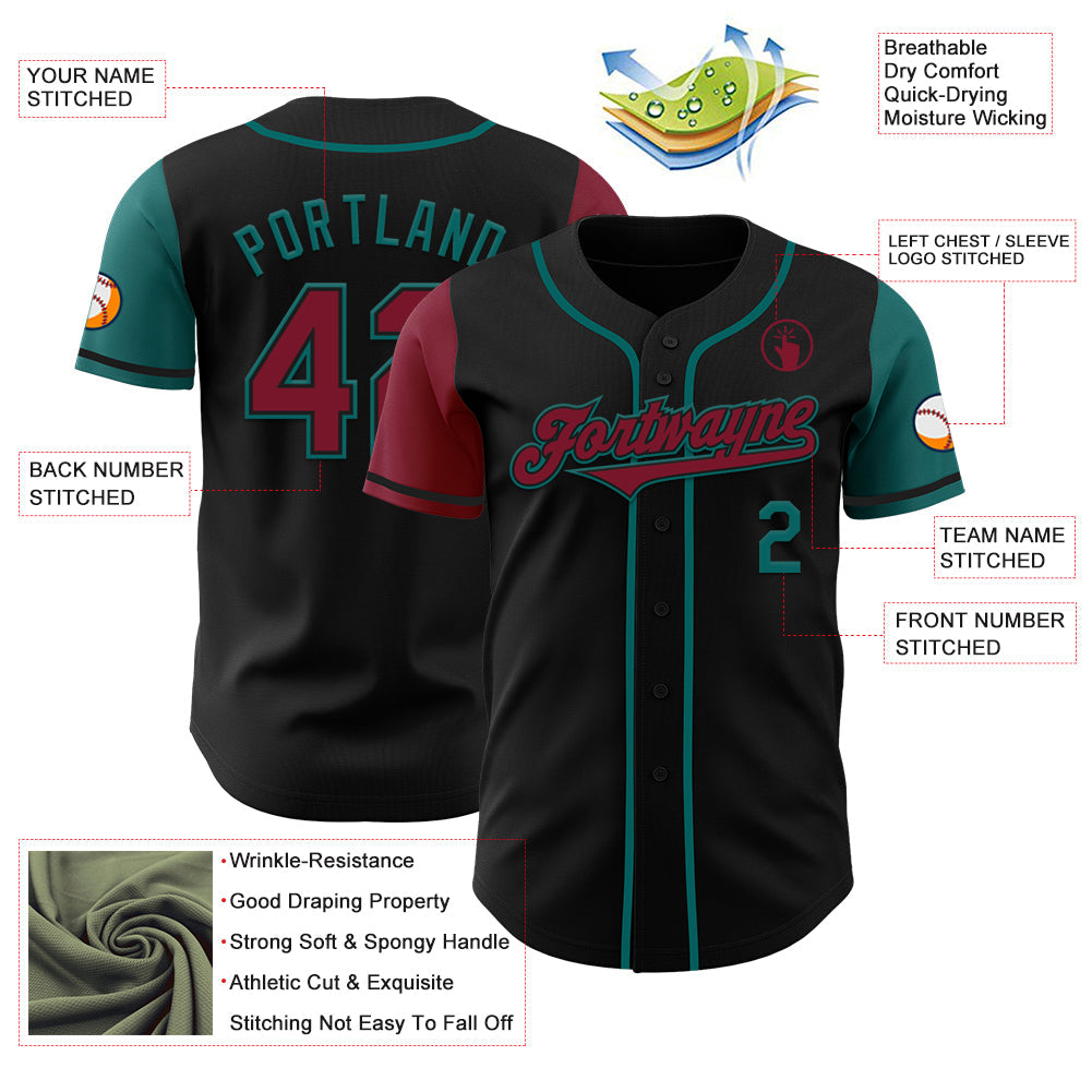 Custom Black Crimson-Teal Authentic Two Tone Baseball Jersey view 3