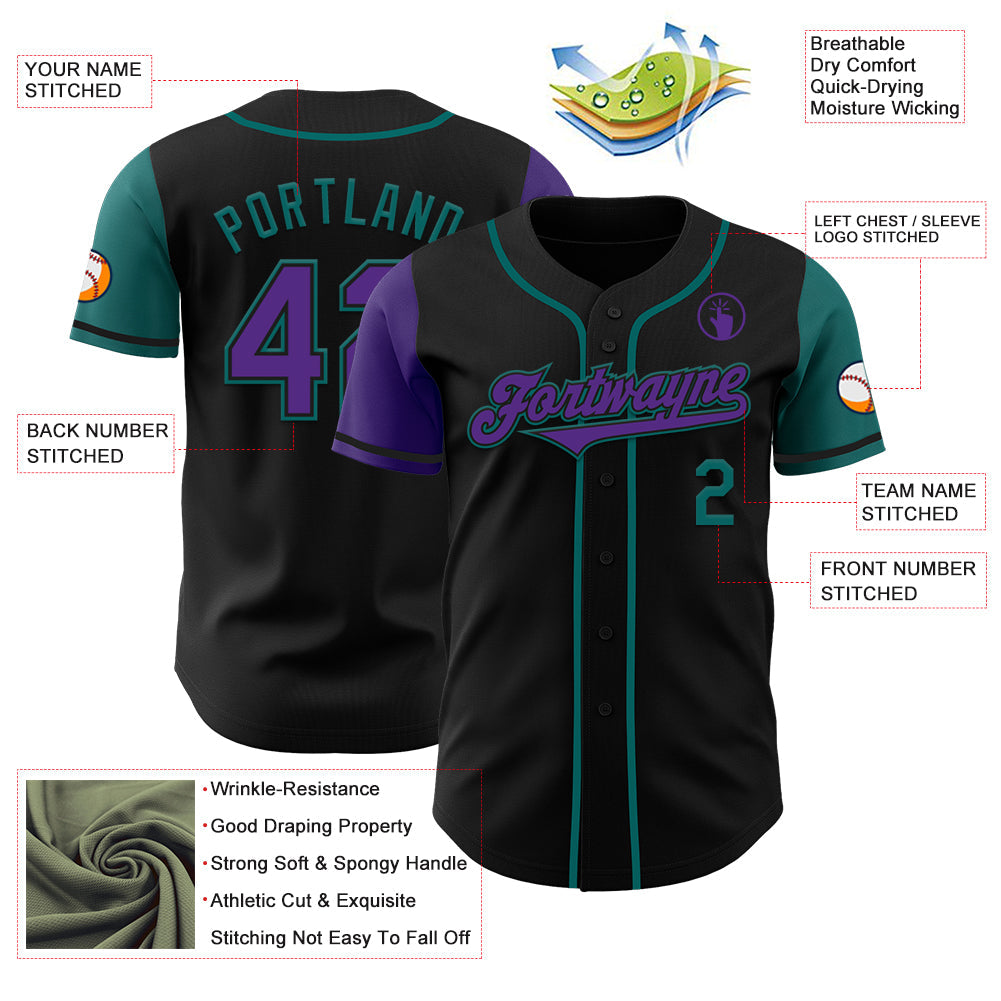 Custom Black Purple-Teal Authentic Two Tone Baseball Jersey view 3
