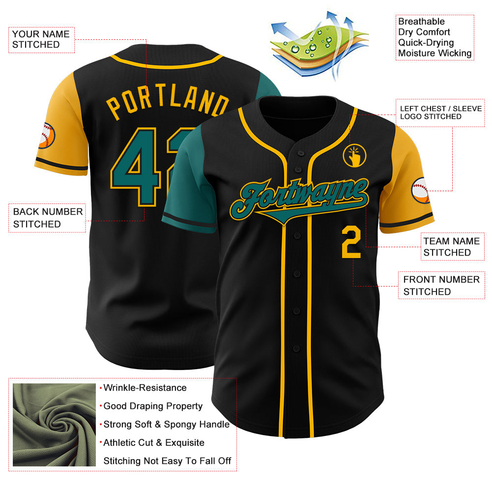 Custom Black Teal-Gold Authentic Two Tone Baseball Jersey view 3