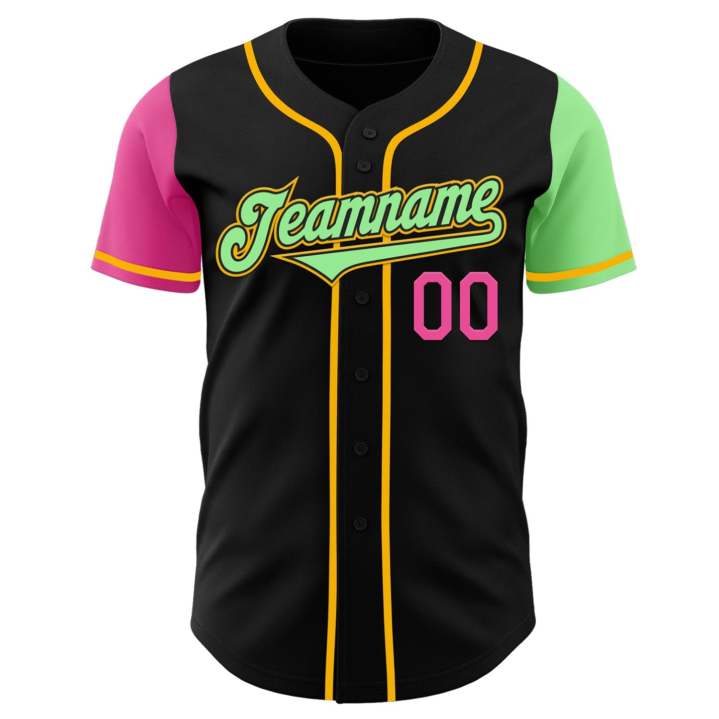 Custom Black Pink Pea Green-Gold Authentic Two Tone Baseball Jersey view 2
