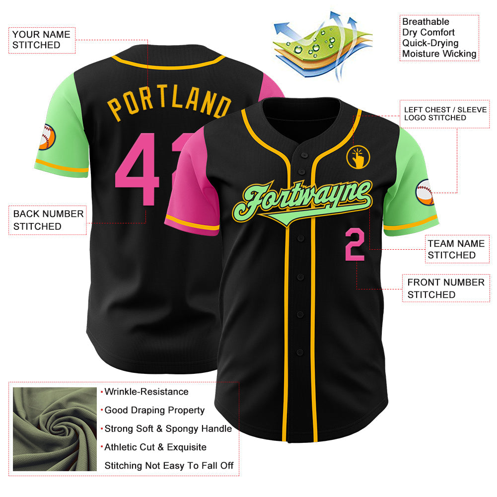 Custom Black Pink Pea Green-Gold Authentic Two Tone Baseball Jersey view 3