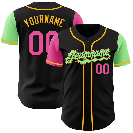 Custom Black Pink Pea Green-Gold Authentic Two Tone Baseball Jersey - Main View