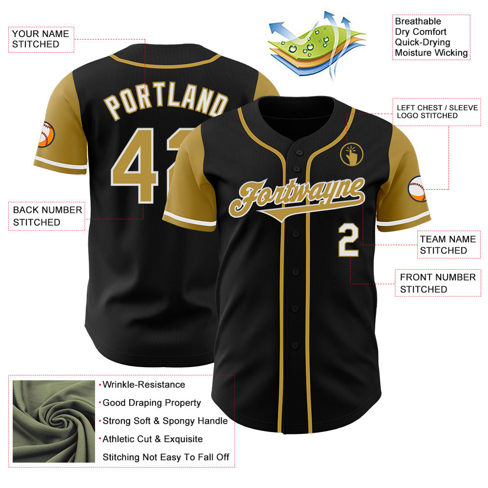 Custom Black Old Gold-White Authentic Two Tone Baseball Jersey view 3