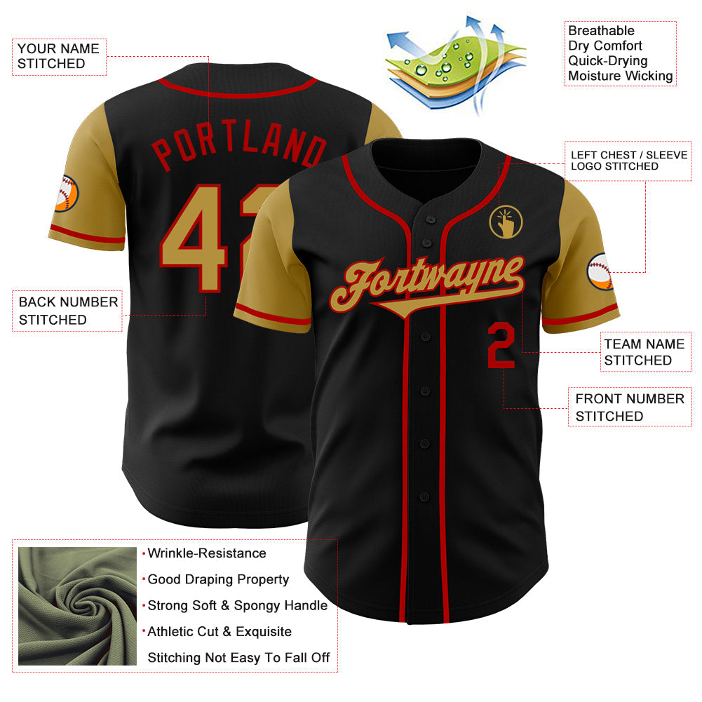 Custom Black Old Gold-Red Authentic Two Tone Baseball Jersey view 3