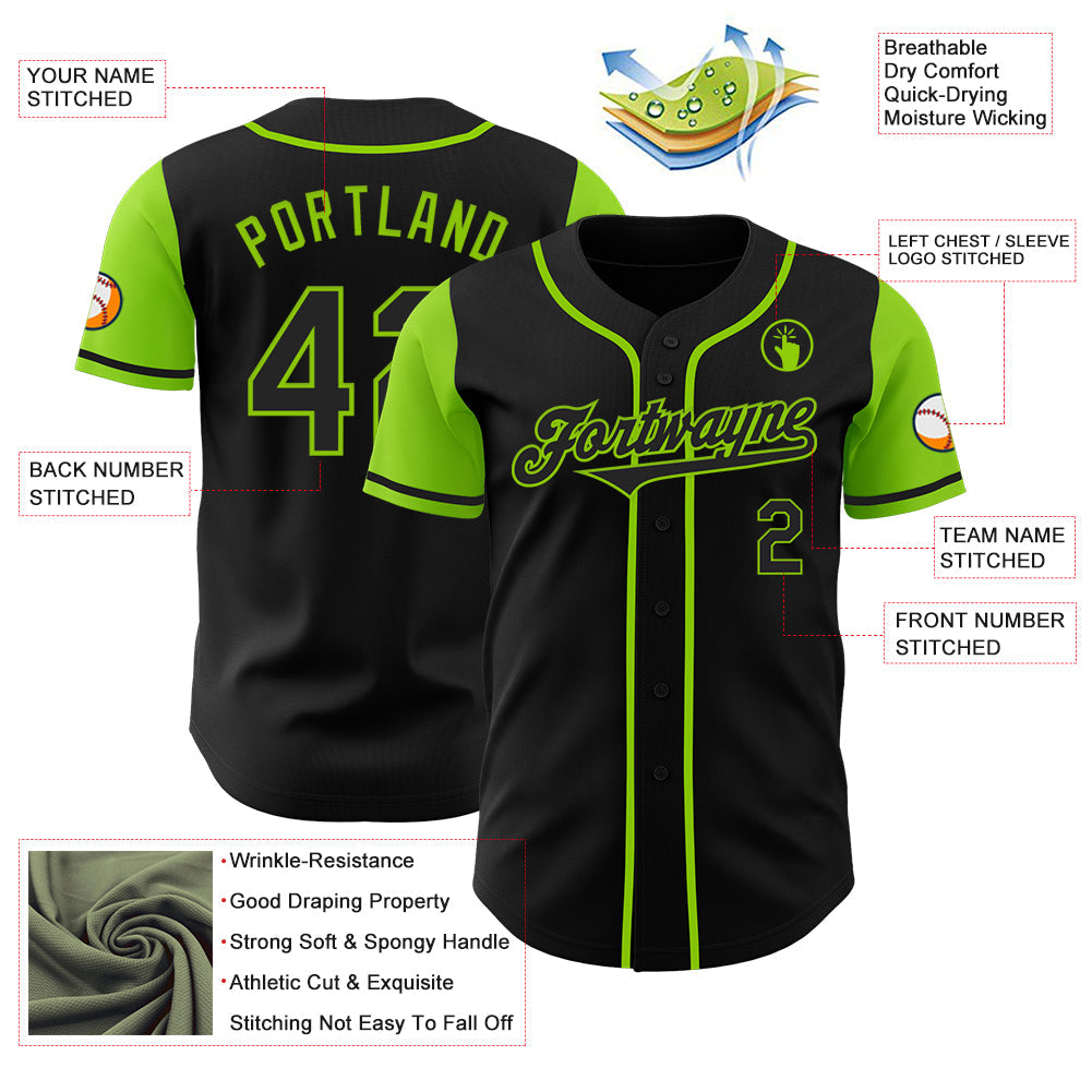 Custom Black Neon Green Authentic Two Tone Baseball Jersey view 3