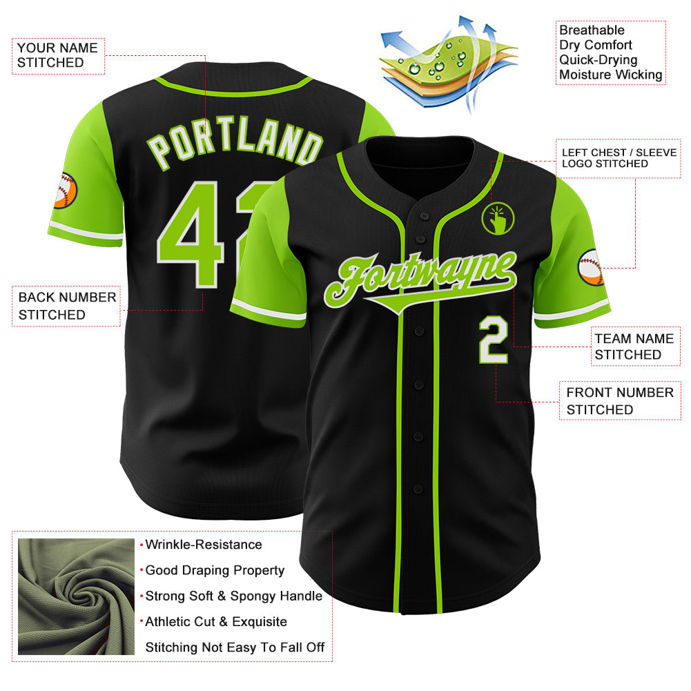 Custom Black Neon Green-White Authentic Two Tone Baseball Jersey view 3