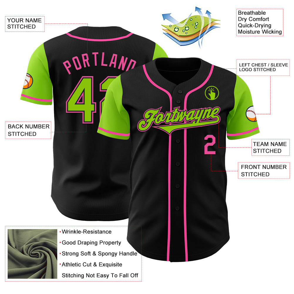 Custom Black Neon Green-Pink Authentic Two Tone Baseball Jersey view 3