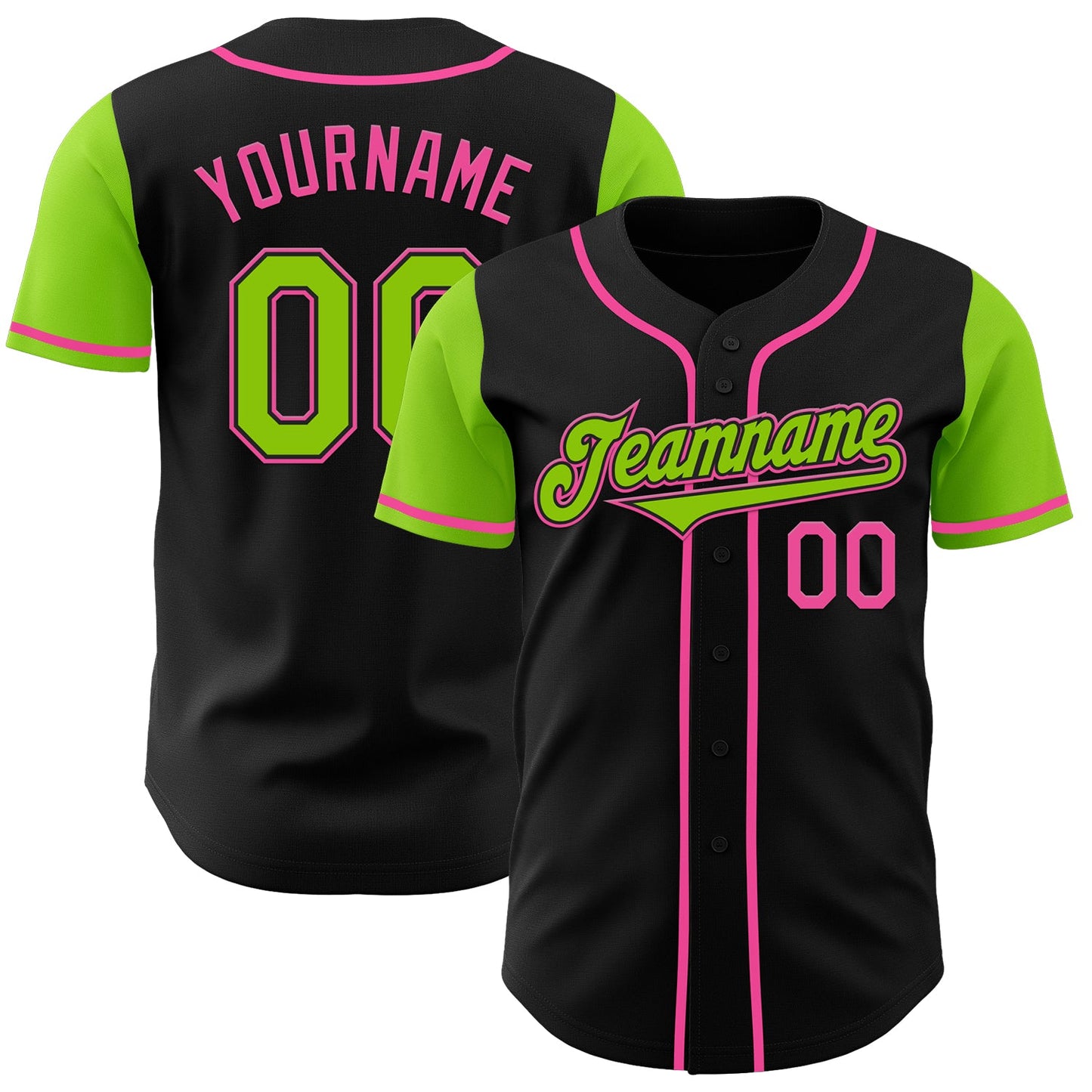 Custom Black Neon Green-Pink Authentic Two Tone Baseball Jersey - Main View