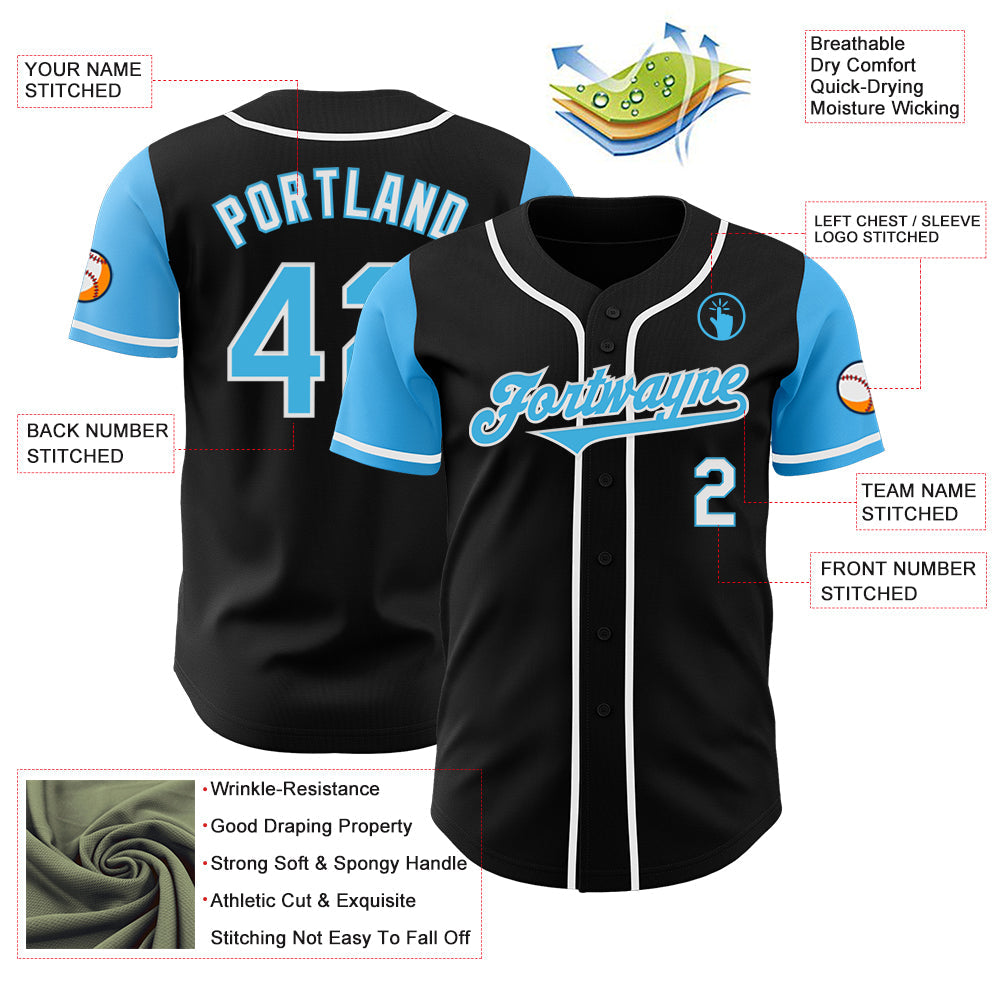 Custom Black Sky Blue-White Authentic Two Tone Baseball Jersey view 3