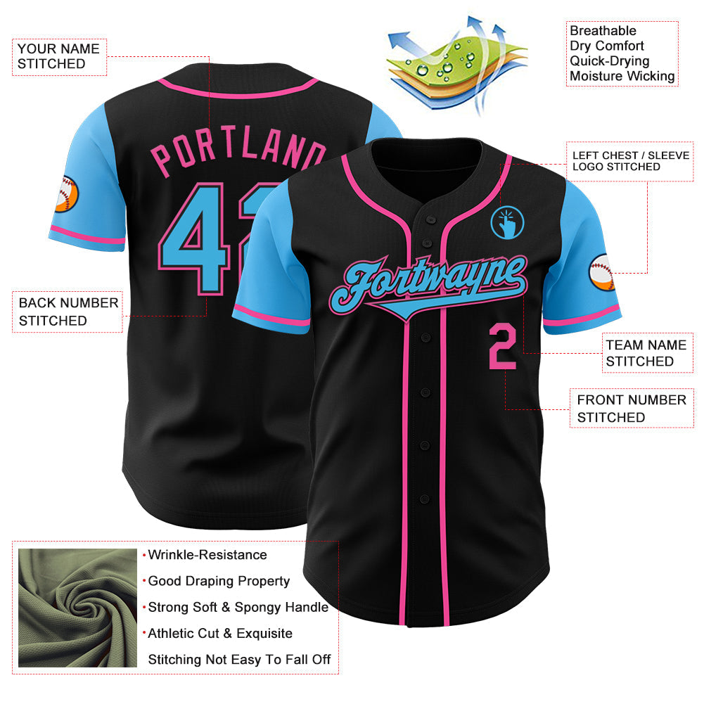 Custom Black Sky Blue-Pink Authentic Two Tone Baseball Jersey view 3