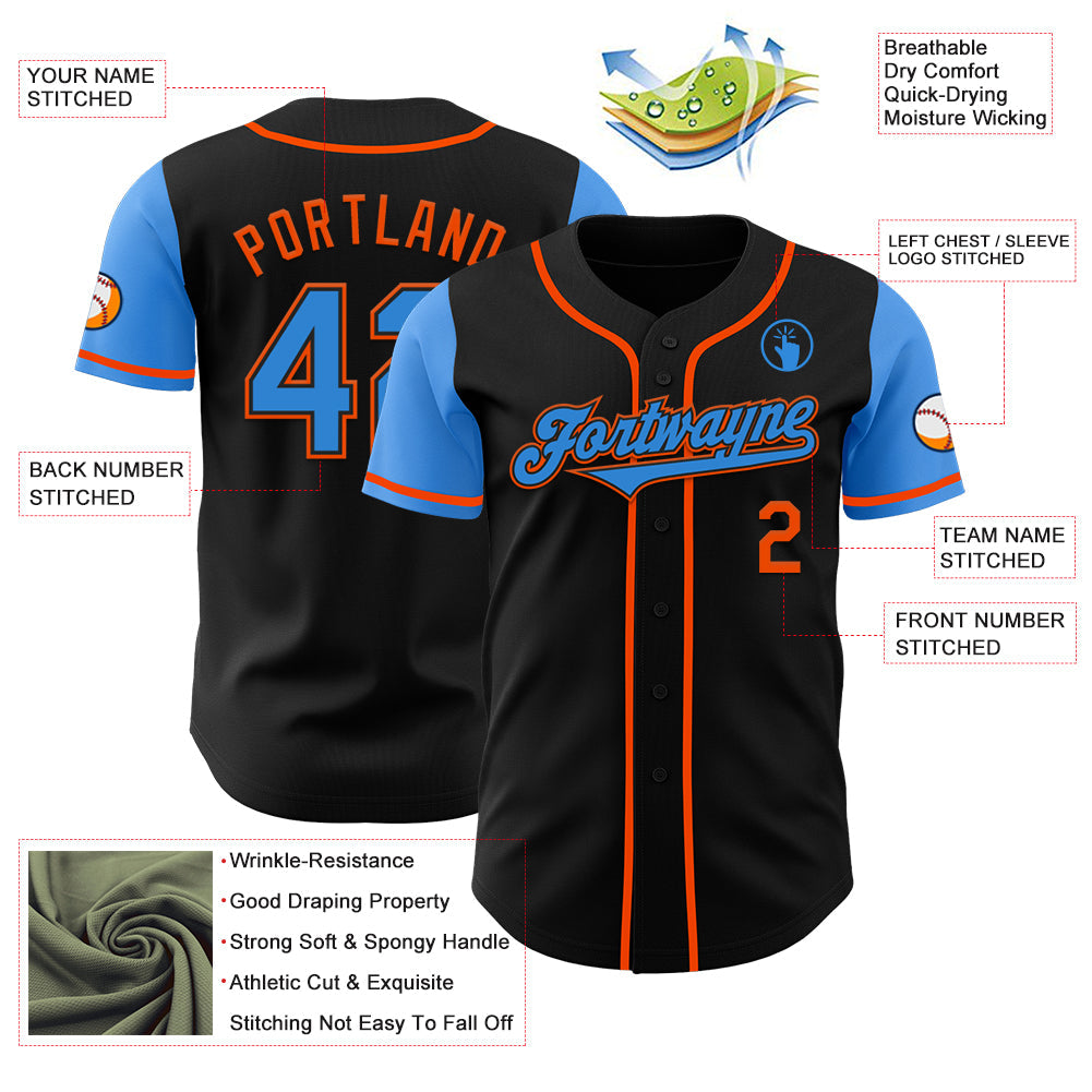 Custom Black Electric Blue-Orange Authentic Two Tone Baseball Jersey view 3