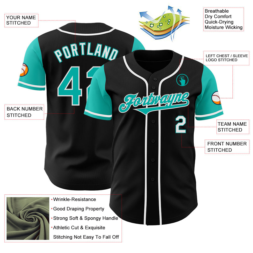 Custom Black Aqua-White Authentic Two Tone Baseball Jersey view 3