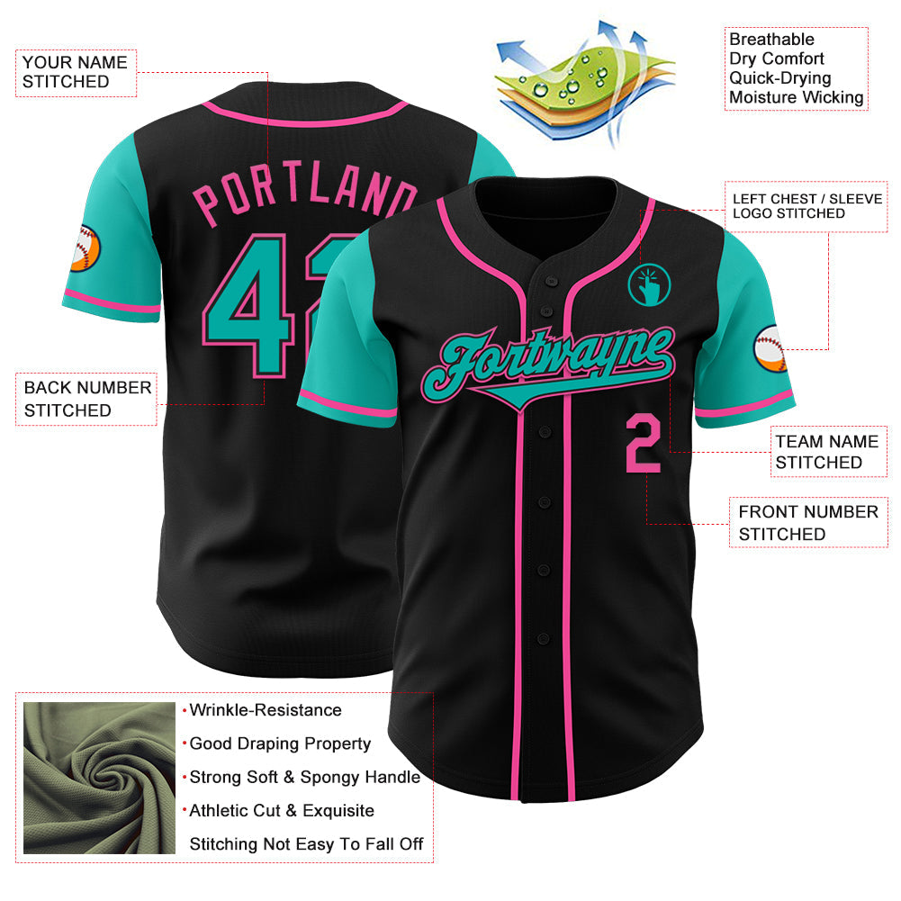 Custom Black Aqua-Pink Authentic Two Tone Baseball Jersey view 3