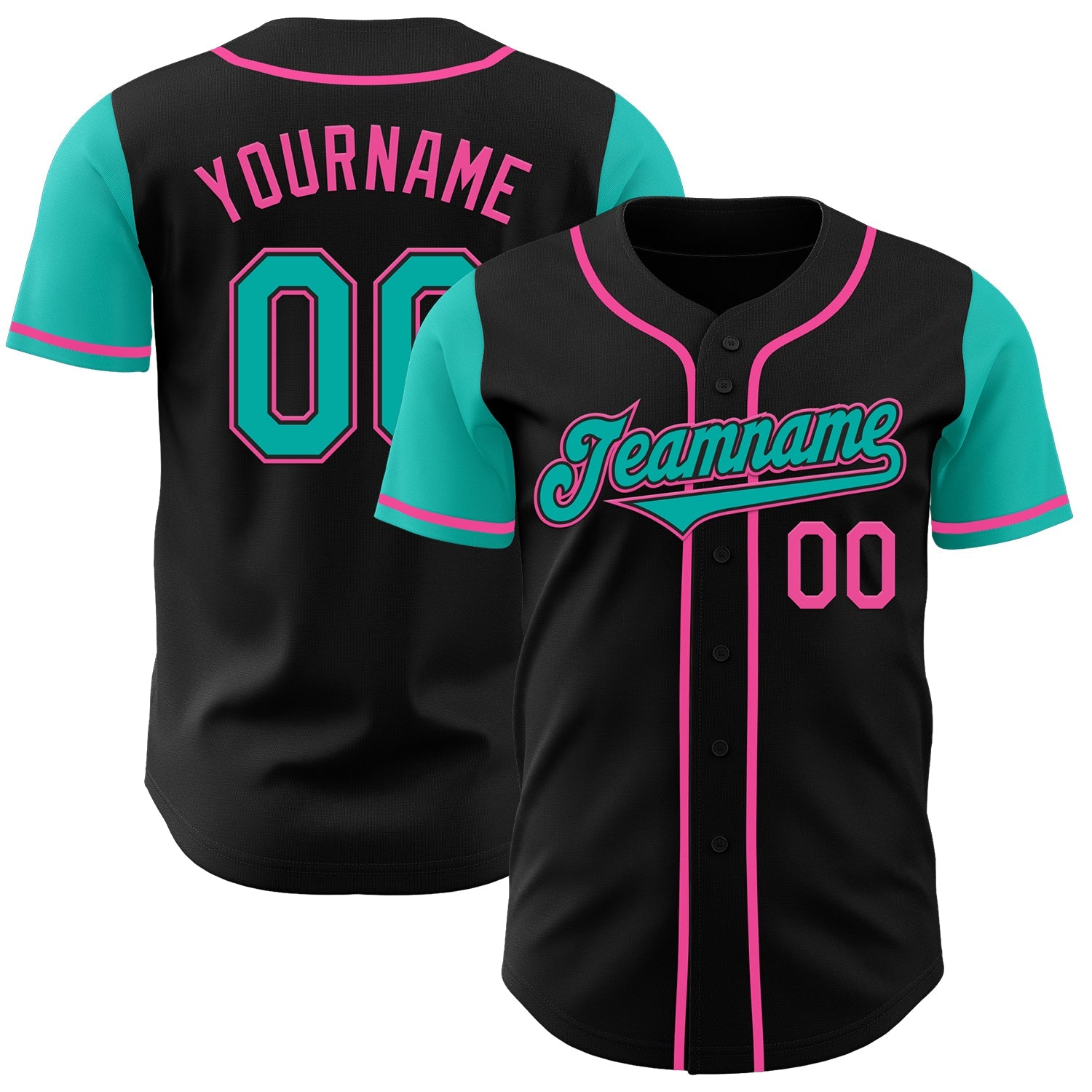 Custom Black Aqua-Pink Authentic Two Tone Baseball Jersey - Main View