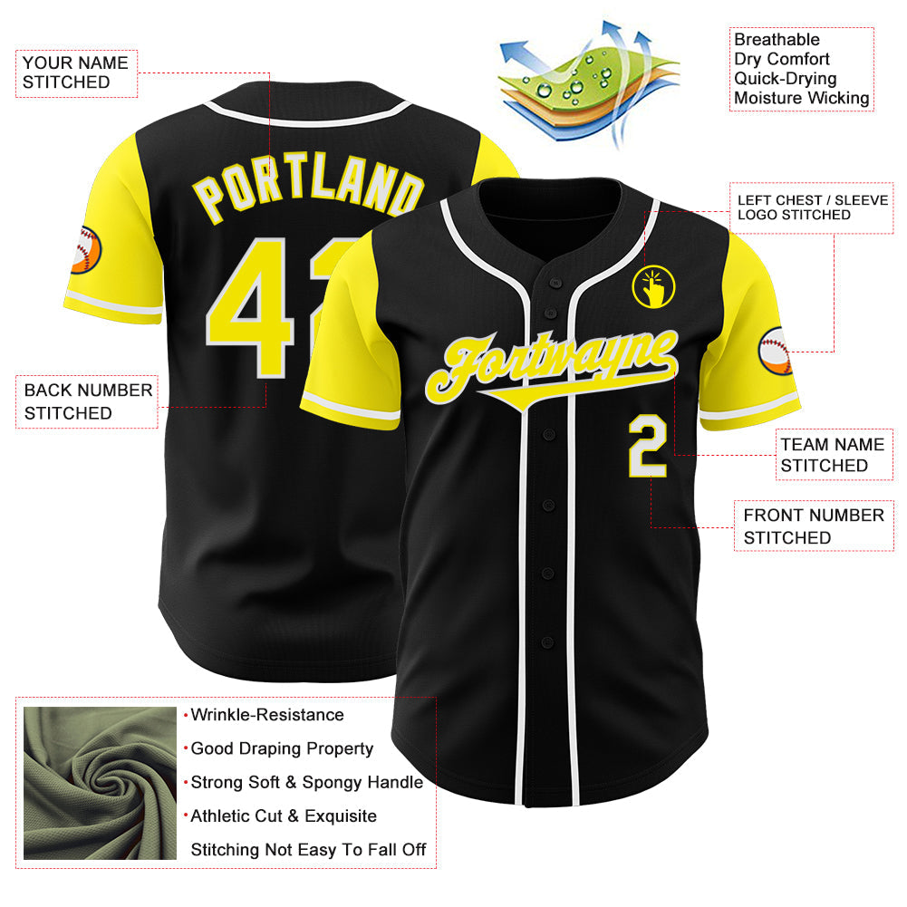 Custom Black Light Yellow-White Authentic Two Tone Baseball Jersey view 3