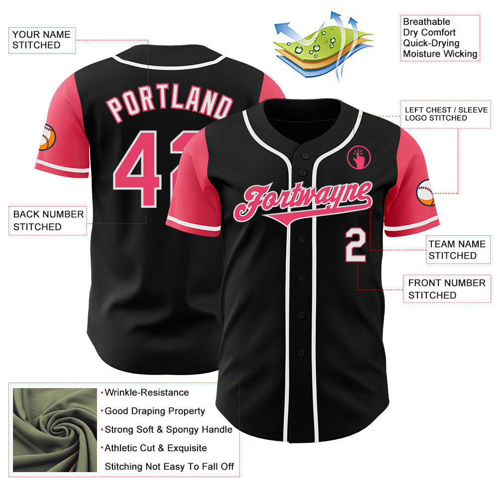 Custom Black Neon Pink-White Authentic Two Tone Baseball Jersey view 3