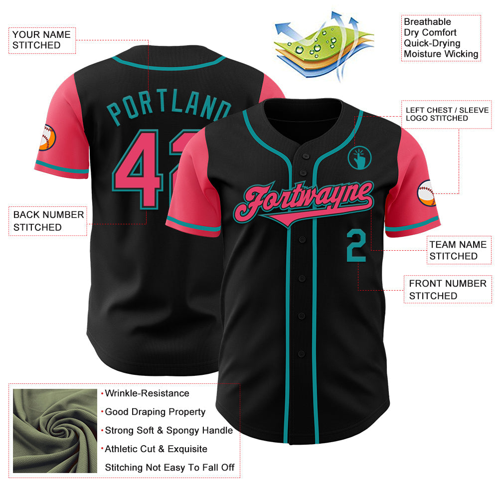 Custom Black Neon Pink-Teal Authentic Two Tone Baseball Jersey view 3