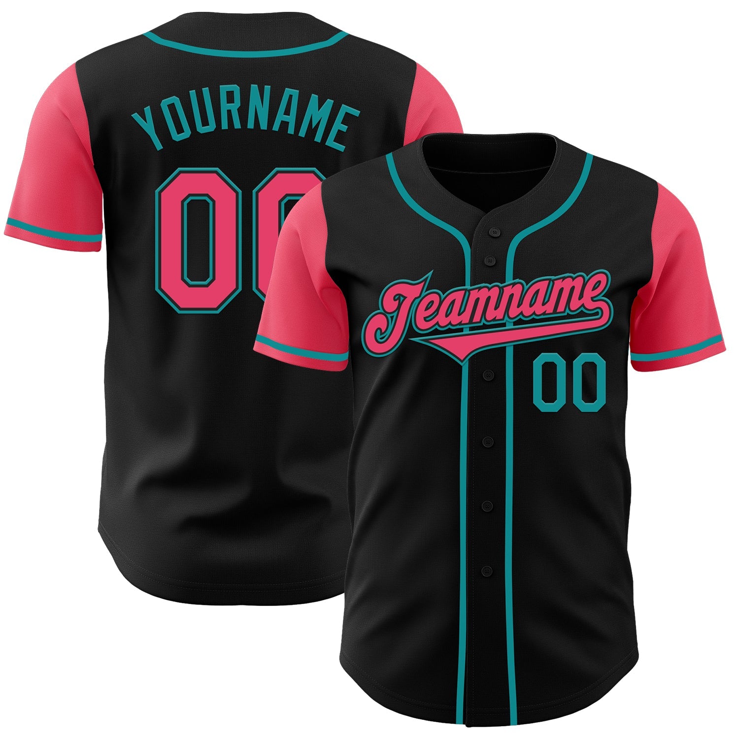 Custom Black Neon Pink-Teal Authentic Two Tone Baseball Jersey - Main View