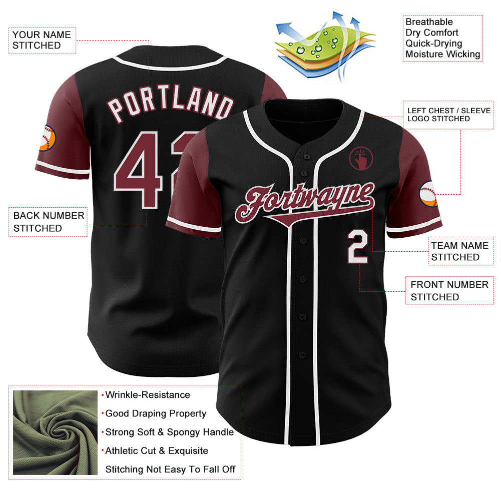 Custom Black Burgundy-White Authentic Two Tone Baseball Jersey view 3
