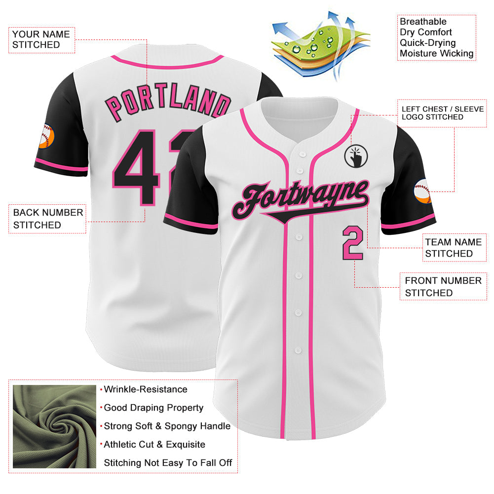 Custom White Black-Pink Authentic Two Tone Baseball Jersey view 3