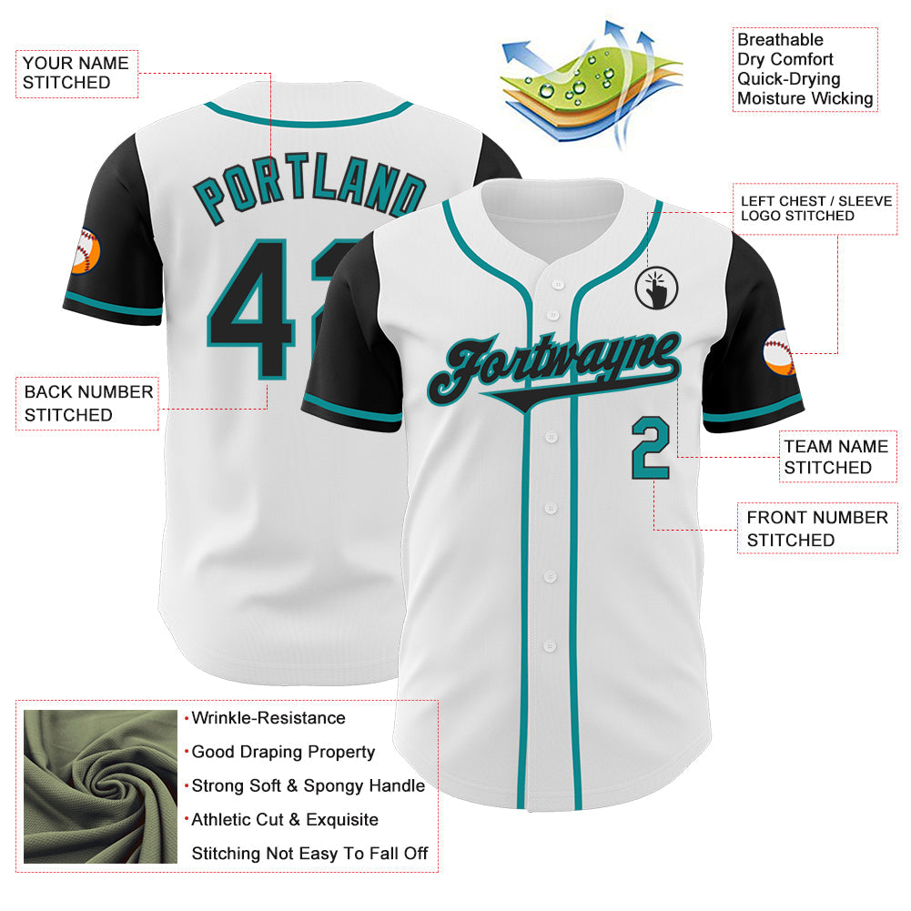 Custom White Black-Teal Authentic Two Tone Baseball Jersey view 3
