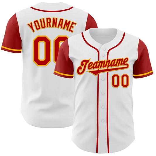 Custom White Red-Gold Authentic Two Tone Baseball Jersey - Main View