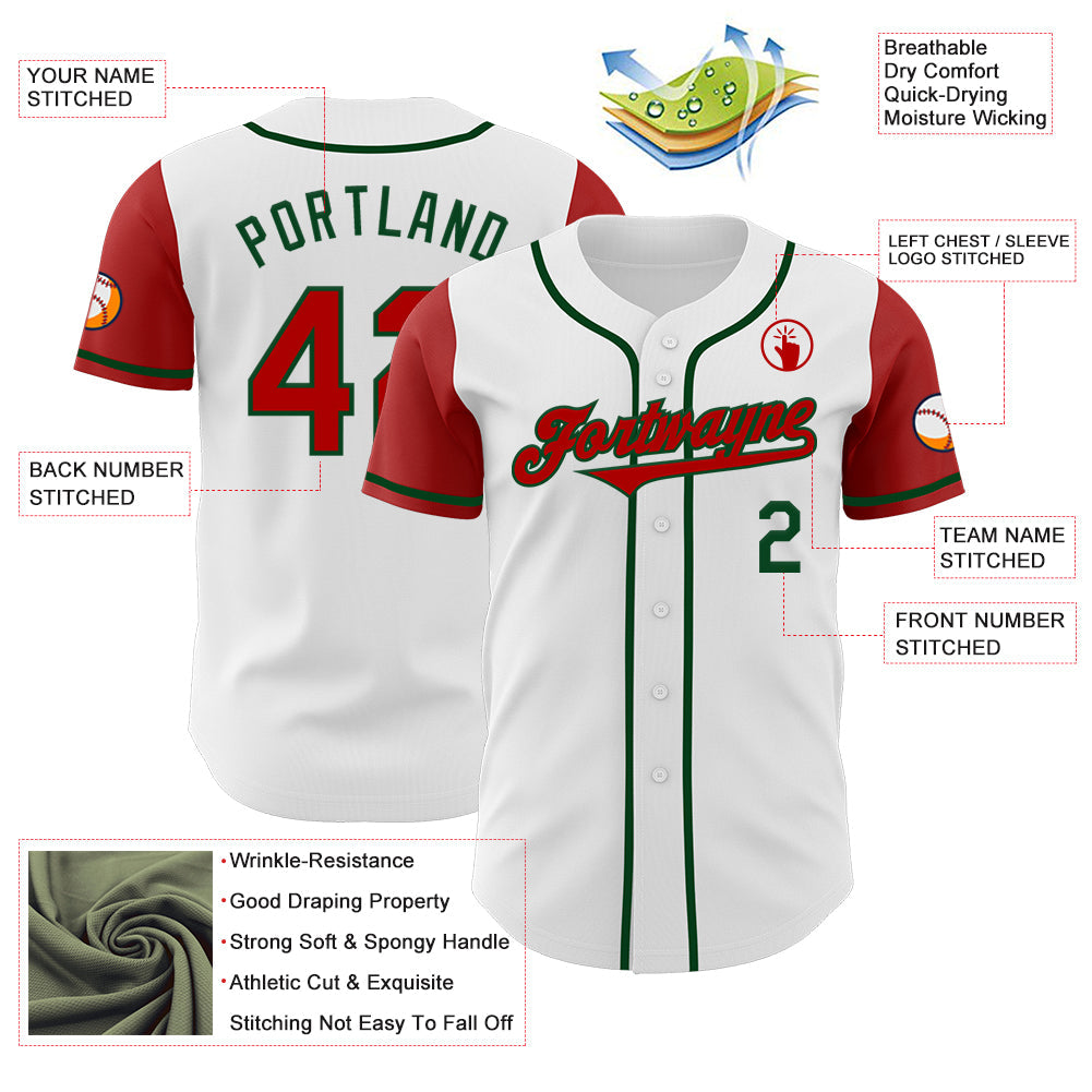 Custom White Red-Green Authentic Two Tone Baseball Jersey view 3