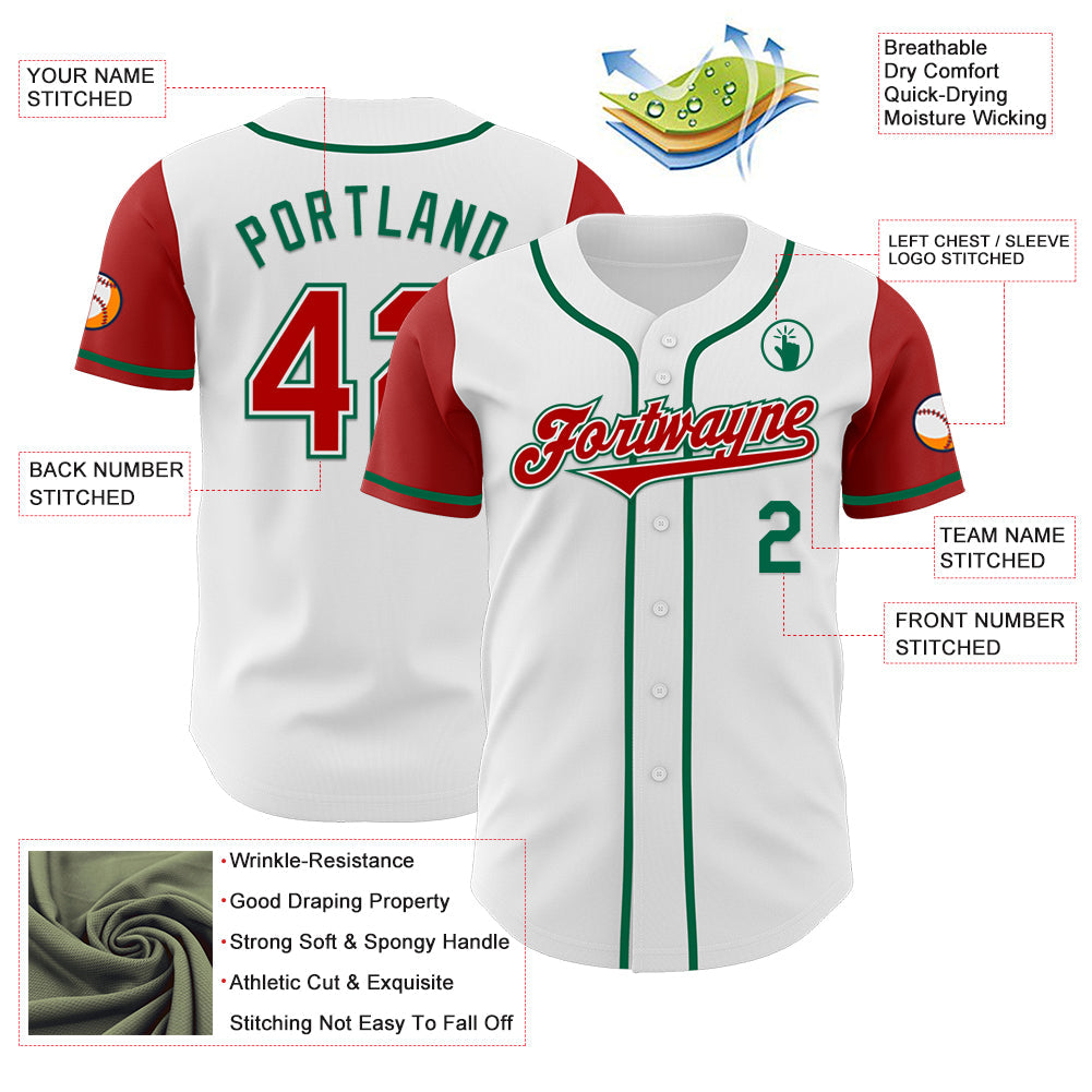 Custom White Red-Kelly Green Authentic Two Tone Baseball Jersey view 3