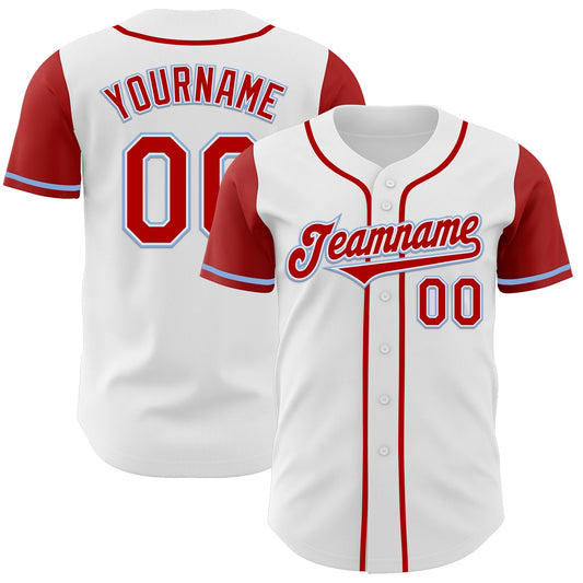 Custom White Red-Light Blue Authentic Two Tone Baseball Jersey - Main View