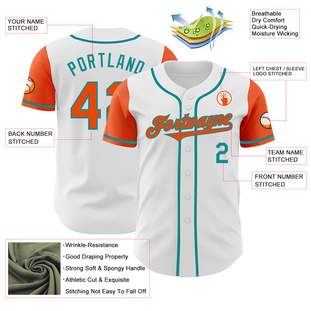 Custom White Orange-Teal Authentic Two Tone Baseball Jersey view 3
