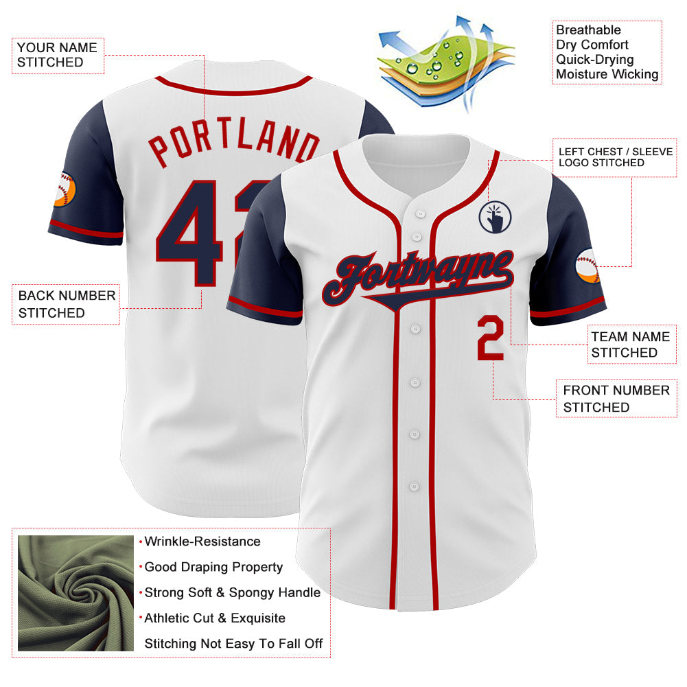 Custom White Navy-Red Authentic Two Tone Baseball Jersey view 3