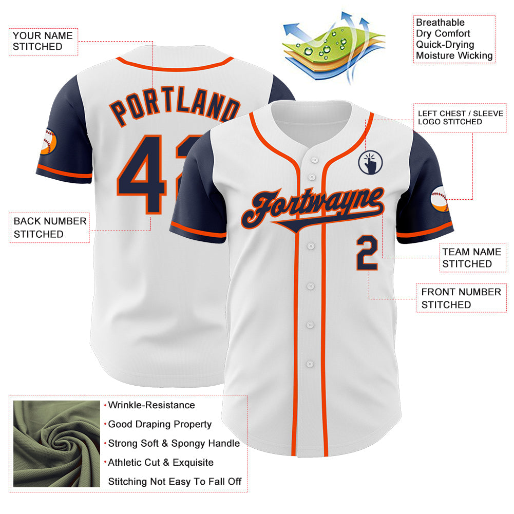 Custom White Navy-Orange Authentic Two Tone Baseball Jersey view 3