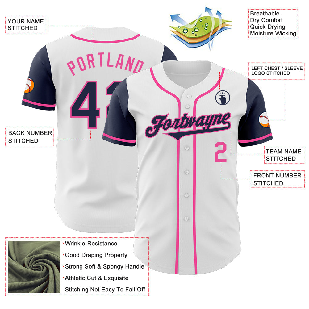 Custom White Navy-Pink Authentic Two Tone Baseball Jersey view 3