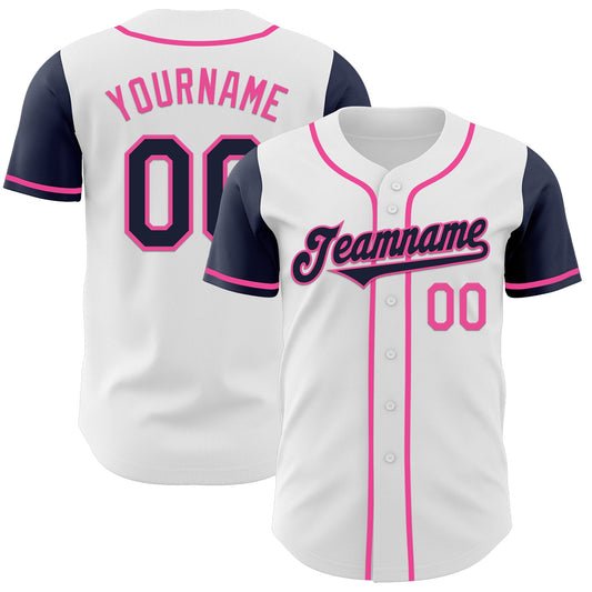 Custom White Navy-Pink Authentic Two Tone Baseball Jersey - Main View