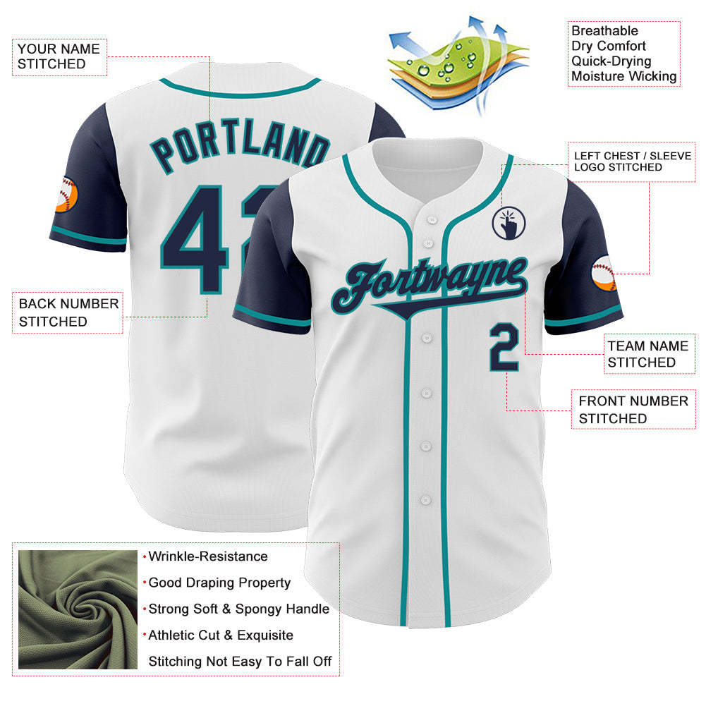 Custom White Navy-Teal Authentic Two Tone Baseball Jersey view 3