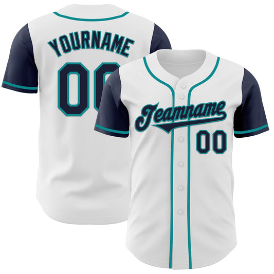 Custom White Navy-Teal Authentic Two Tone Baseball Jersey - Main View