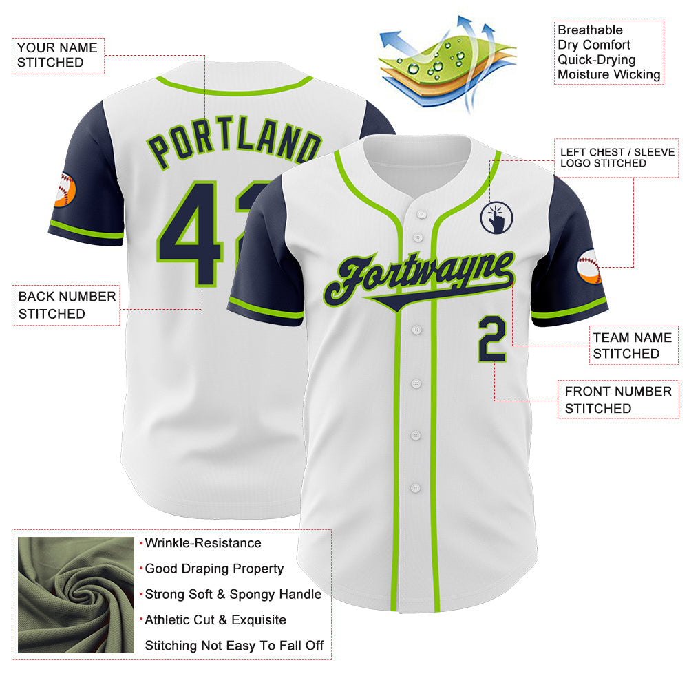 Custom White Navy-Neon Green Authentic Two Tone Baseball Jersey view 3