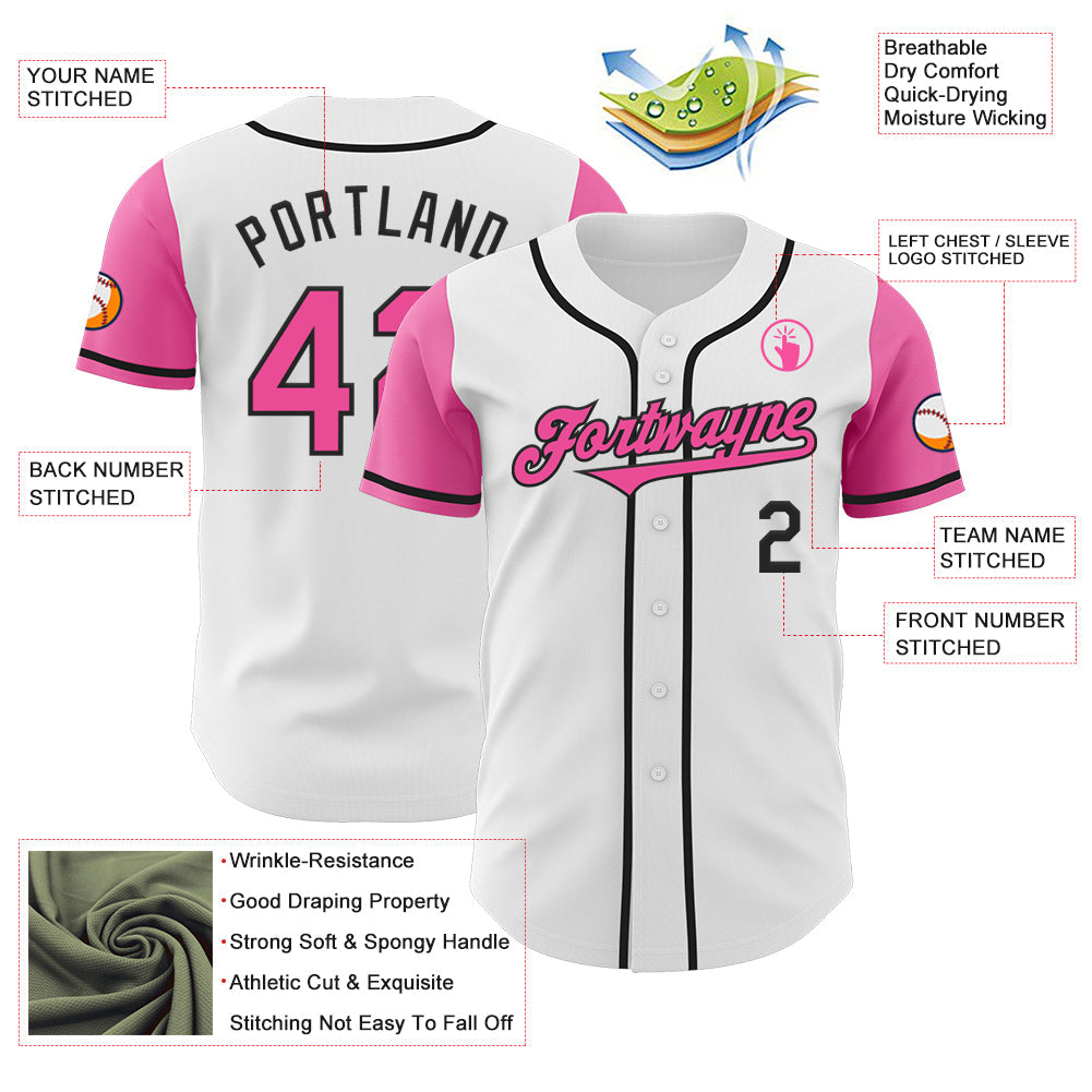 Custom White Pink-Black Authentic Two Tone Baseball Jersey view 3