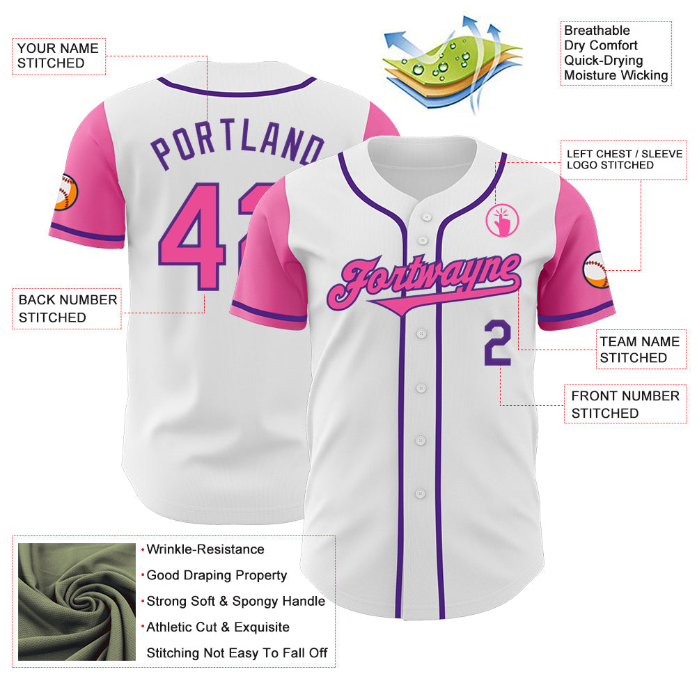 Custom White Pink-Purple Authentic Two Tone Baseball Jersey view 3