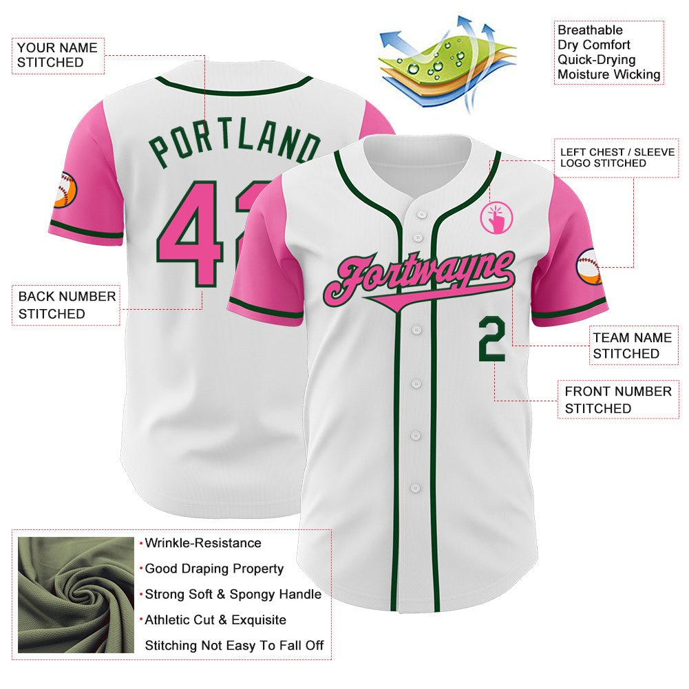 Custom White Pink-Green Authentic Two Tone Baseball Jersey view 3
