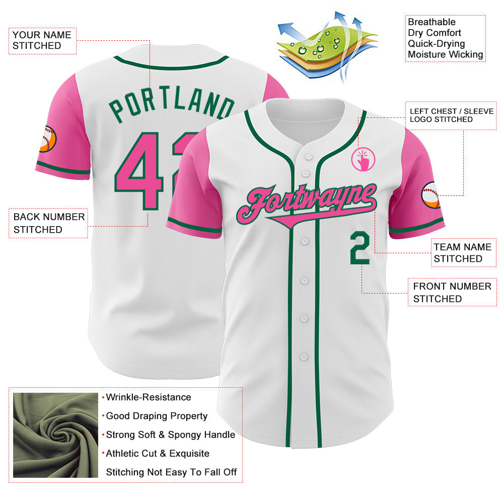 Custom White Pink-Kelly Green Authentic Two Tone Baseball Jersey view 3