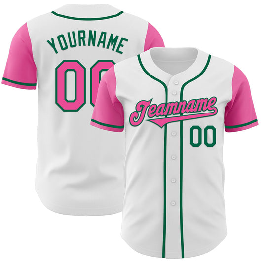 Custom White Pink-Kelly Green Authentic Two Tone Baseball Jersey - Main View