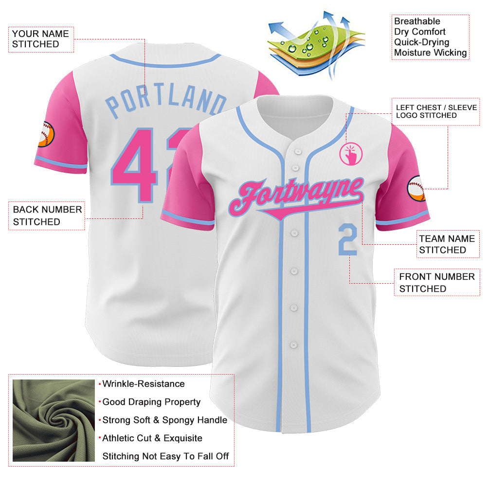 Custom White Pink-Light Blue Authentic Two Tone Baseball Jersey view 3