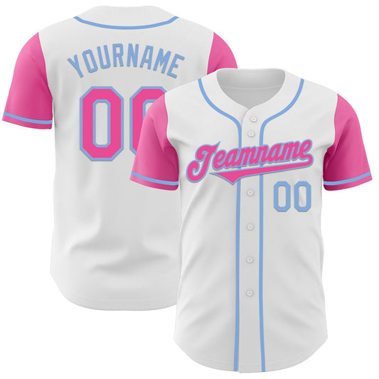 Custom White Pink-Light Blue Authentic Two Tone Baseball Jersey - Main View